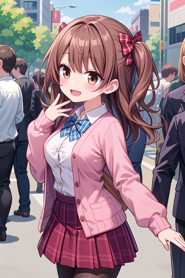 insanely detailed, absurdres, ultra-highres, ultra-detailed, best quality,1girl, solo, nice hands, perfect handsBREAK(School Uniforms:1.2), (pink cardigan is fit body:1.4), ((do up a buttons, not loose):1.5), ((long sleeve, sleeves past wrists):1.2), (inner wear is white collared-shirt:1.3), (red plaid-pattern bow:1.3), (red plaid-pattern pleated skirt:1.3), ((dark-brown pantyhose, loafers):1.2)BREAKhappy smile, laugh, open mouth, standing,from side,cute pose, cowboy shotBREAKslender, kawaii, perfect symmetrical face, ultra cute girl, ultra cute face, ultra detailed eyes, ultra detailed hair, ultra cute, ultra beautifulBREAKin harajuku, shibuya, tokyo, street, crowd, cityscapeBREAKmedium large breasts,(brown hair, brown eyes), hime cut