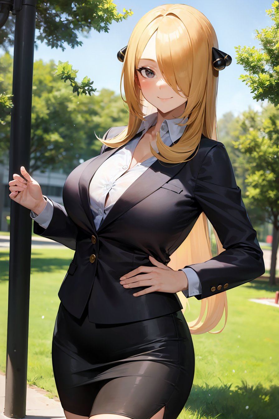 (masterpiece, best quality), 1girl, (solo), looking at viewer,<lora:Cynthia (Ikuchan Kaoru)-offset:0.9>, cynthia-IK, blonde hair, hair ornament, hair over one eye, long hair, large breasts,business suit, office lady, suit jacket, pencil skirt, mini skirt, blouse, frills, ribbed shirt, collared shirt, long sleeves,smile, closed mouth,nature, lampost, tree, park, 