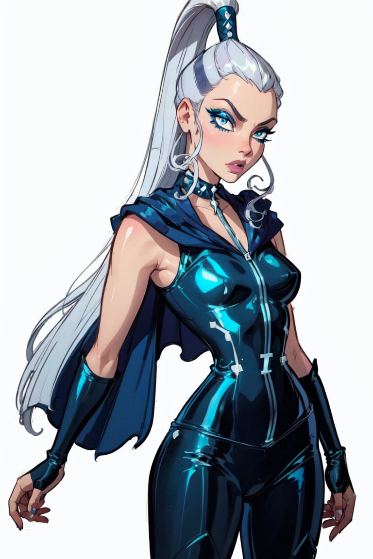 (Icy), blue eyes, white hair, very long ponytail, eyeshadow, WitchOutfit, sleeveless, blue outfit, knee boots, gloves, (dark-blue cape), (white background, solid white background:1.5), (realistic:1.2), (masterpiece:1.2), (full-body-shot:1),(Cowboy-shot:1.2), neon lighting, dark romantic lighting, (highly detailed:1.2),(detailed face:1.2), (gradients), colorful, detailed eyes, (detailed landscape:1.2), (natural lighting:1.2), close shot, solo, <lora:WinxClubIcy-10:0.9> <lora:add_detail:0.3> <lora:BeautifulEyes:0.6>