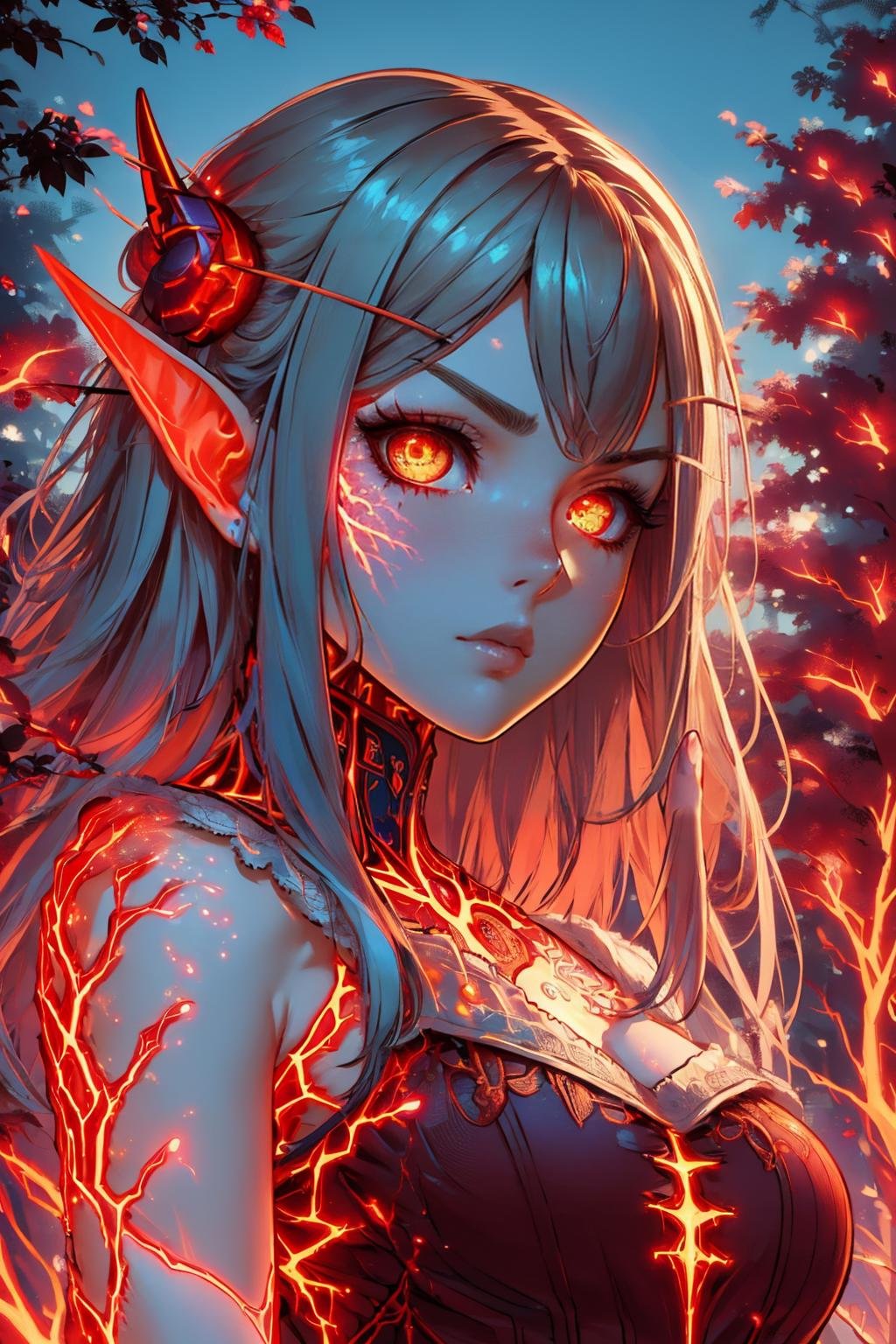 masterpiece, best quality,    <lora:glowingveins-nvwls-v1-000012:1> 1girl, glowingveins, red theme, glowing veins  <lora:bloodelf-warcraft-richy-v1:0.8> bldelf, glowing eyes, colored sclera, forest, red sky, furrowed brow, from below, looking at viewer