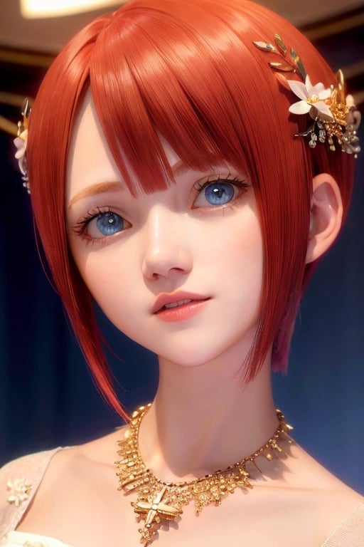 1girl, princess_elise, short hair, parted bangs, red hair, blue eyes, hair ornament, necklace, white dress, look at viewer <lora:princess_elise:0.6>