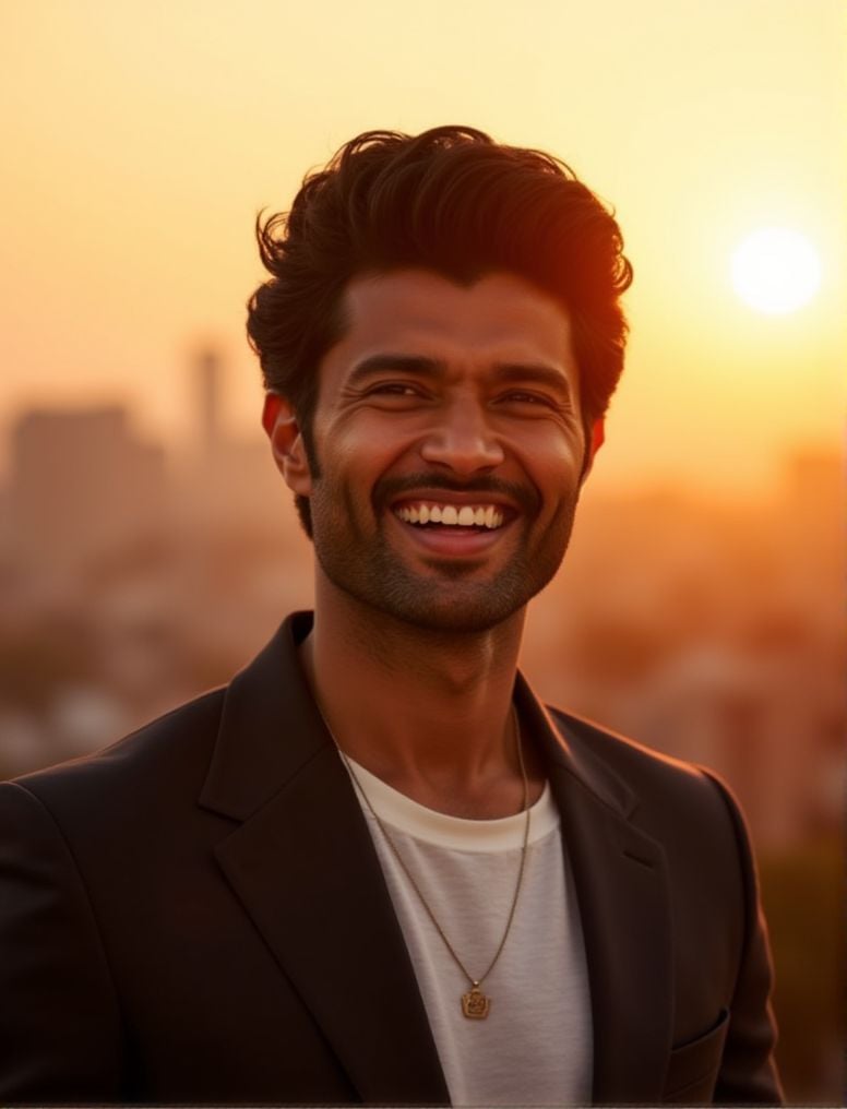 Vijay Devarakonda ,  In the heart of a bustling city,  under the soft glow of a golden hour sunset by HottiesnHotties on T...