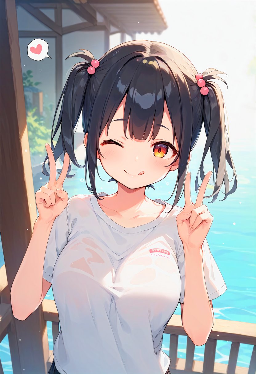 score_9, score_8_up, score_7_up, best quality, highres, absurdres, official art, source_anime,1girl, (loli, 12yo, petite:1.2), oppai loli, black hair, short twintails, large breasts, t-shirt, smile, happy, spoken heart, tongue out, double v, one eye closed, 