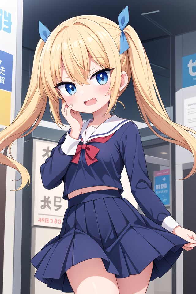 insanely detailed, absurdres, ultra-highres, ultra-detailed, best quality,1girl, solo, nice hands, perfect hands,BREAK(wearing sailor school uniform, dark blue pleated skirt, white shirt),(;3, smug, open mouth:1.3), fangsBREAKstanding, hand on own face, 45 angle,from below, cowboy shot, looking at viewer, tilt headBREAKslender, kawaii, perfect symmetrical face, ultra cute girl, ultra cute face, ultra detailed eyes, ultra detailed hair, ultra cute, ultra beautifulBREAKin harajuku, shibuya, tokyo, street, crowd, cityscape,small breastsBREAK(gold blonde) hair, (short:1.3) twintails, blue eyes, blue hair ribbon, hair between eyes