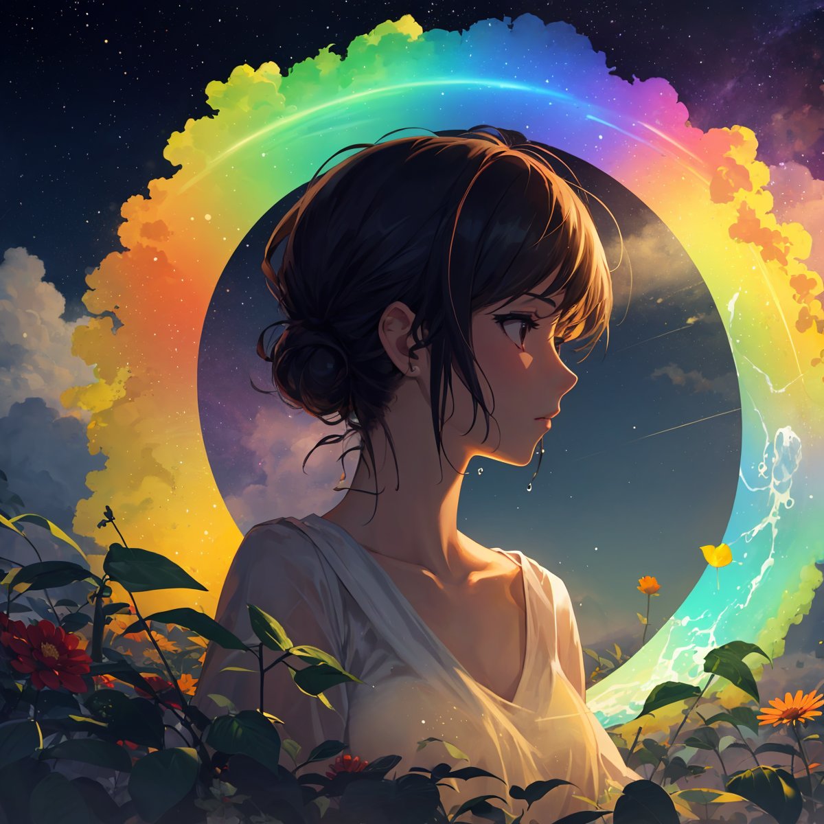 1girl, flowers, leaf, swirling mist, rainbow mist, dripping, traditional texture, (silhouette:1.3), rainbow:1.3, nebula, clouds, moon, meteor shower