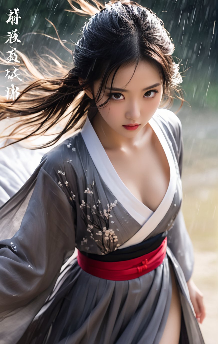 18 y.o chinese girl,gorgeous hanfu,(wind:1.2),(surprised look:1.1),(surprised expression:1.1),32k UHD,(eye close-up:1.5),Realistic,sexy,(smile:0.5),medium breasts,soft backlight,triangular face,((breeze)), flying splashes, flying petals, wind,(:o:1.3),from_above,Realistic,Masterpiece,18 - year - old beautiful girl and monster,extremely delicate facial depiction,heavy rain,crazy body movements,exaggerated perspective,poster,androgyny,fashion,dramatic lighting,strong tones,distortion style,black forest,ink wash painting,traditional chinese text,