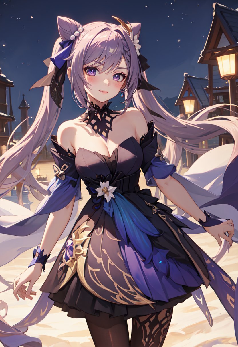 best quality, masterpiece, highres, solo, (keqing_genshin:1.10), 1girl, bare shoulders, black dress, official alternate costume, black pantyhose, looking at viewer, strapless dress, blush, cowboy shot, hair ribbon, bow, smile, cleavage, closed mouth, standing, pearl hair ornament, night sky, outdoors, 4 <lora:keqing_genshin:0.80>