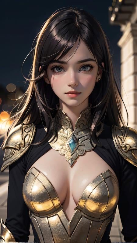 Portrait of a girl, the most beautiful in the world, (medieval gold armor), metal reflections, upper body, outdoors, intense moonlight, far away castle, professional photograph of a stunning woman detailed, perfect bobbed sexy intense black hair, sharp focus, dramatic, award winning, cinematic lighting, volumetrics dtx, (film grain, blurry background, blurry foreground, bokeh, depth of field, perfect night, interaction, Perfect chainmail), (masterpiece), (extremely intricate:1.3), (realistic), HDR+