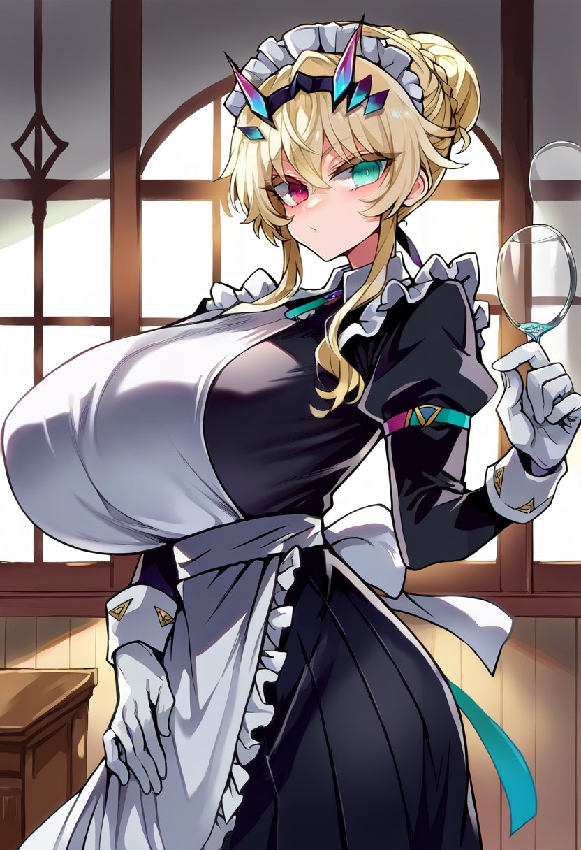 score_9, score_8_up, score_7_up, source_anime BREAK 1girl, solo, looking at viewer, cowboy shot,  <lora:Barghest_Sdxl:0.9>, Barghest_Maid, platinum blonde hair, twin braids, short hair, sidelocks, hair up, hair bun, heterochromia, maid headdress, frilled dress, pleated dress, juliet sleeves, maid apron, collar, black skirt, long skirt, white gloves, huge breasts, curvy, indoors, vila, marble floor, glass table, day, window, <lora:Asanagi-Style-PonyXL-Final:1>