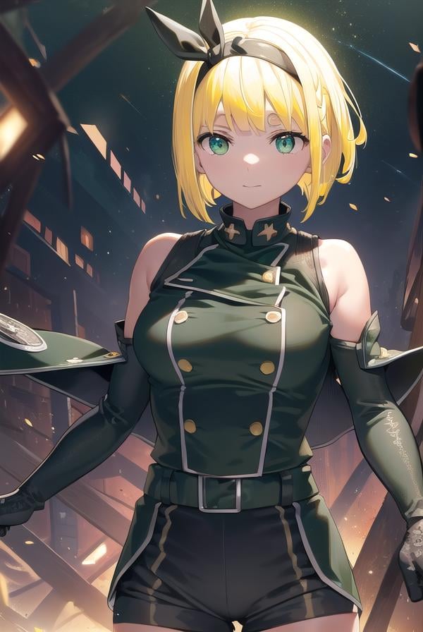 shushusuruga, <lora:shushu suruga manga-lora-nochekaiser:1>,shushu suruga, short hair, bangs, hair ribbon, hairband, blunt bangs, thick eyebrows, (green eyes:1.5), (yellow hair:1.5), smile,BREAK gloves, shorts, elbow gloves, belt, buttons, military uniform, military, (bare shoulders:1.5), (black military uniform:1.7),BREAK outdoors, space, starry sky, star \(sky\), moon,BREAK looking at viewer, (cowboy shot:1.5),BREAK <lyco:GoodHands-beta2:1>, (masterpiece:1.2), best quality, high resolution, unity 8k wallpaper, (illustration:0.8), (beautiful detailed eyes:1.6), extremely detailed face, perfect lighting, extremely detailed CG, (perfect hands, perfect anatomy),