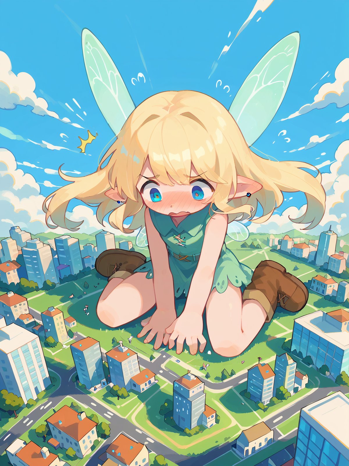 score_9, score_8_up, score_7_up, score_6_up, score_5_up, score_4_up, source_anime, rating_safe, embedding:zPDXL2, 1girl, solo, fairy, giantess, city, wariza, sitting on ground, surprised, embarrassed, from above, smoke,