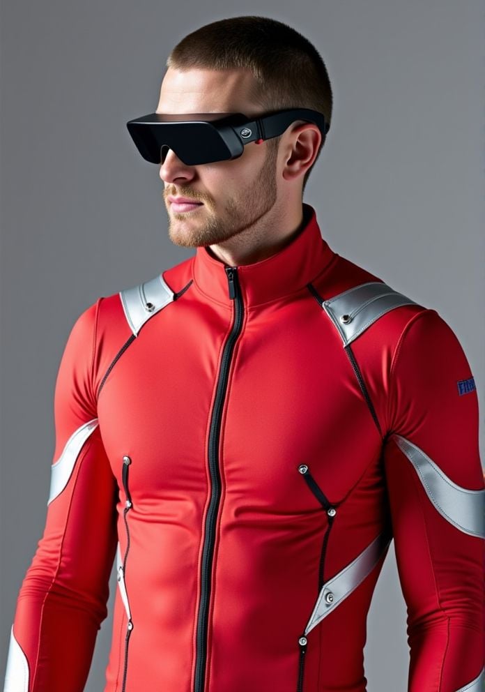 Justin Timberlake ,  Hi-res photo. He wears futuristic electronic glasses. He is wearing a light red,  close fitting fligh...