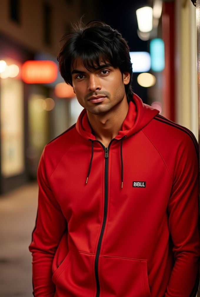Neeraj Chopra ,  realistic photo in a worn ((skin-revealing skimpy erotic red tracksuit,  massive pecs)) by HottiesnHottie...
