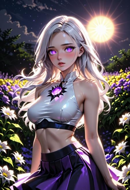 NSFW, erotic, perfect body, sexy, 20-years-old, high resolution, best quality, 4k, realistic, 1girl, white hair, purple eyes, glowing eyes, crop top, skirt, parted lips, blush, night, flowers, sun, sunlight,