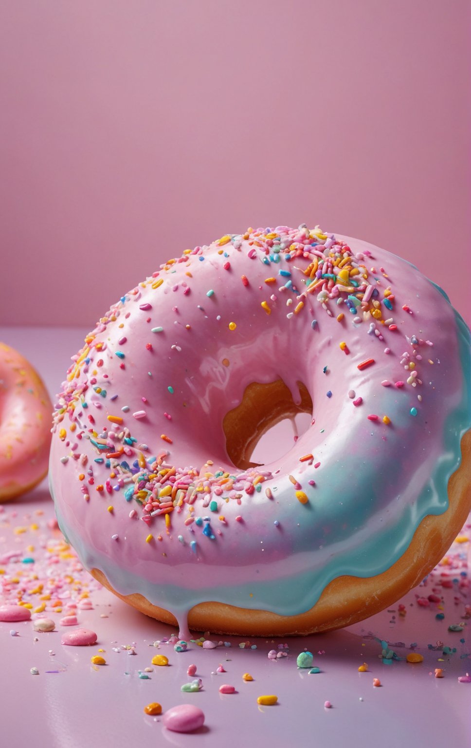 8k, extremely detailed , photo-realistic still life,masterpiece, a donut coated with an iridescent glossy glaze that mirrors a pastel rainbow with swirls of ethereal pastel nebulas covered in colorful sprinkles <lora:InfiniteReality_SDXL_fp16:1>