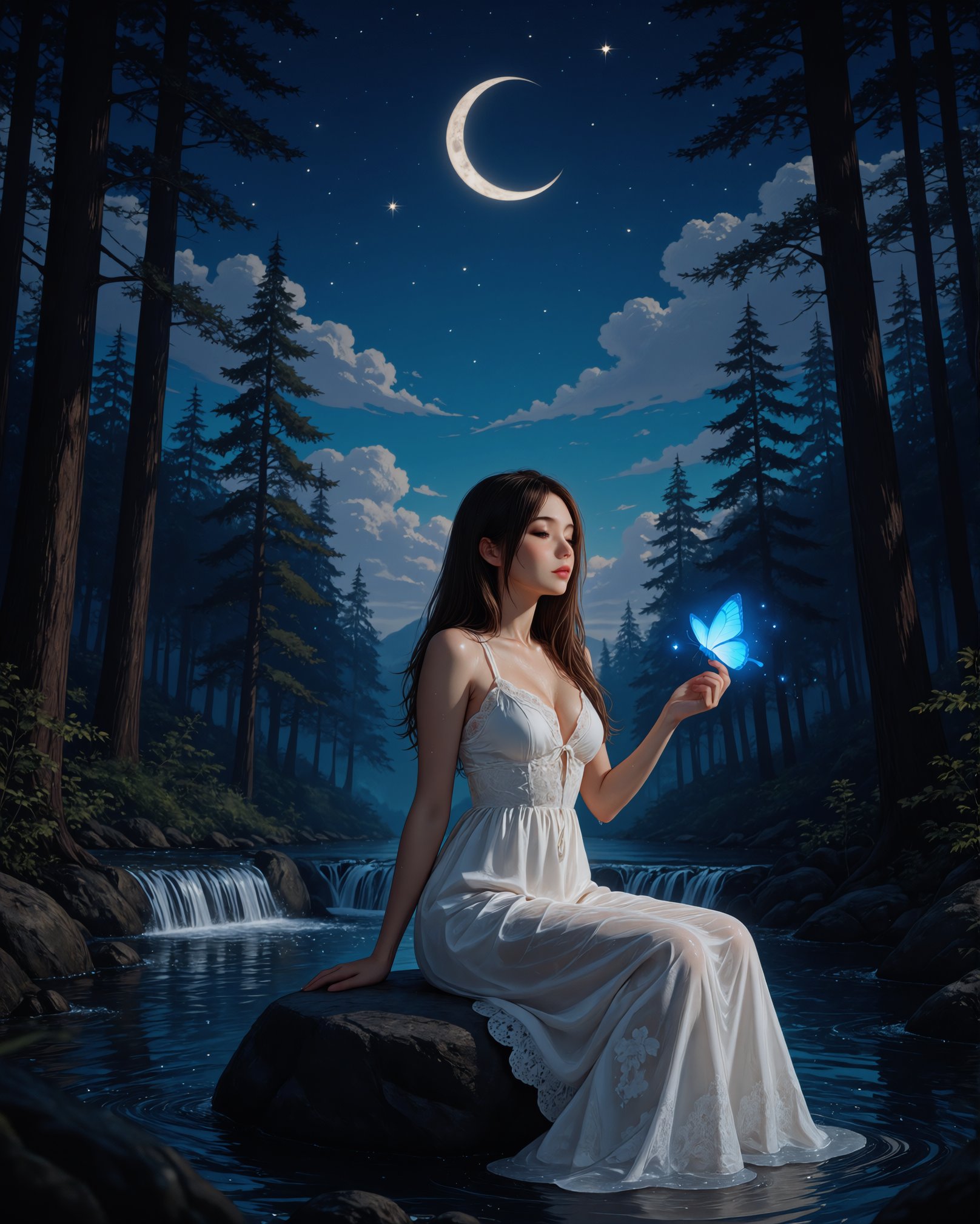 A beautiful woman sitting on a rock in the middle of a serene forest at night,  surrounded by tall trees and a stream. she...