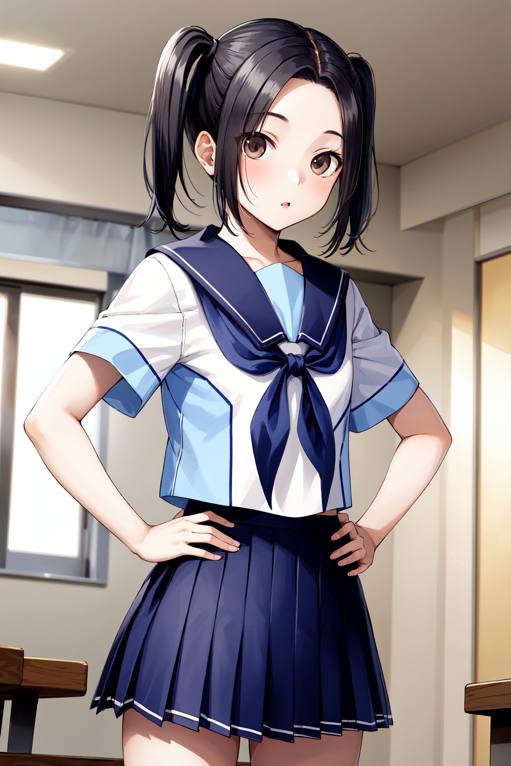 masterpiece, best quality, highres, aarinko, short hair, black hair, short twintails, parted bangs, serafuku, sailor collar, blue neckerchief, white shirt, short sleeves, pleated skirt, blue skirt, <lora:kobayakawa_rinko_v1:0.7>, indoors, hands on hips, standing