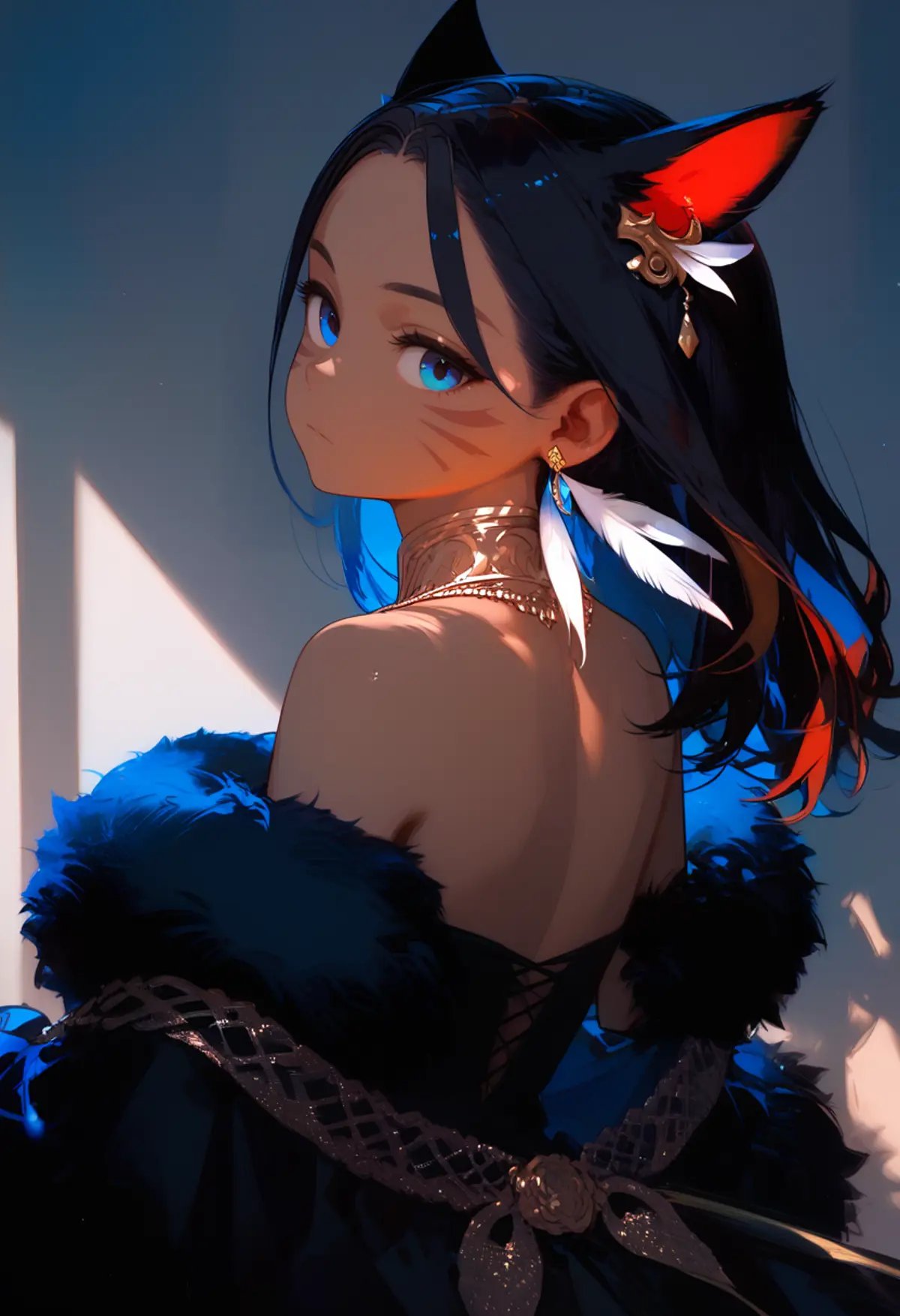 score_9, score_8_up, score_7_up, 1girl, y'shtola rhul, animal ears, archon mark, black dress, blue eyes, closed mouth, dark-skinned female, dress, earrings, expressionless, facial mark, feather earrings, feathers, from behind, fur-trimmed dress, fur trim, hair between eyes, jewelry, looking at viewer, looking back, miqo'te, neck tattoo, sidelocks, solo, sunlight, tattoo, whisker markings, white hairv