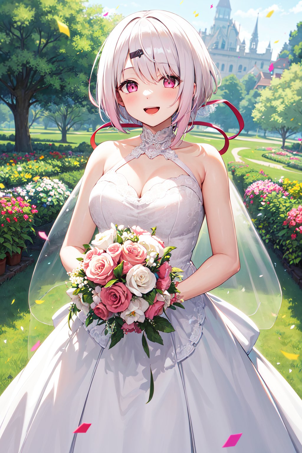 masterpiece, best quality, highres, aayuika, vey long hair, gradient hair, pink hair, white hair, low ponytail, hair ribbon, hairclip, <lora:shiina_yuika_v1:0.7>, bride, wedding dress, smile, open mouth, garden, holding bouquet, confetti, 