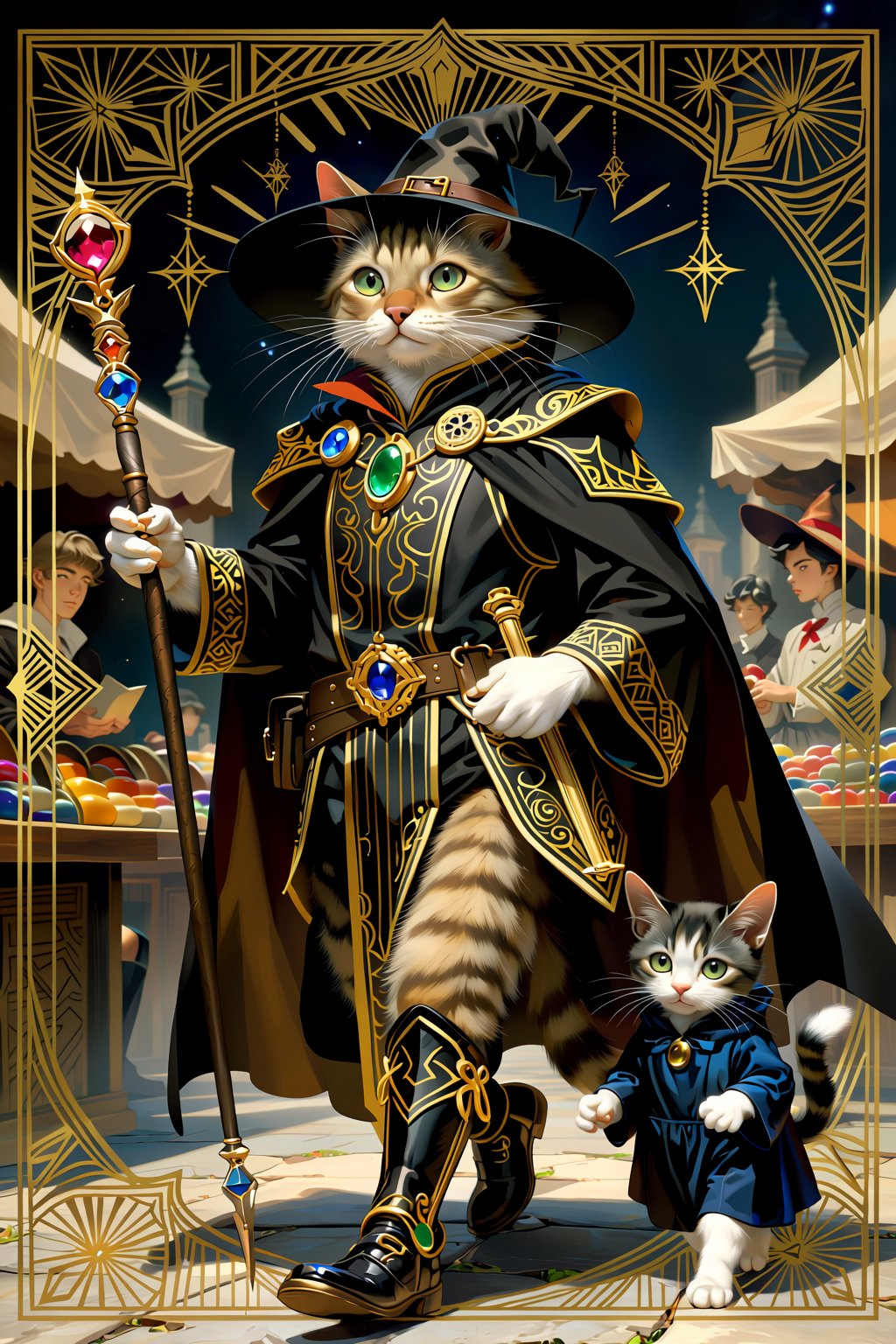 wallpaper digital illustration of A cat dressed as a wizard with staff on one hand and wearing a black robe adorned with g...