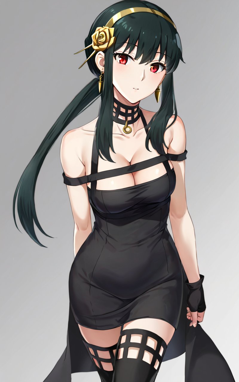 1girl, <lora:sdxl-sf-yor_briar:0.9>, yor briar, ibarahime, (slanted eyes), :/  updo (folded ponytail hair pulled back), (Folded tied hair), (bare_shoulders off shoulder black slit dress, black fingerless_gloves, gold hairband with hair flower, gold rose ornament, black thighhighs, high heel boots, collarbone, cleavage) , black hair sideburns, (slanted eyes) red eyes, medium breasts, shiny hair, bangs, gold earrings, long locks, hair between eyes, skindentation pupils sparkling 