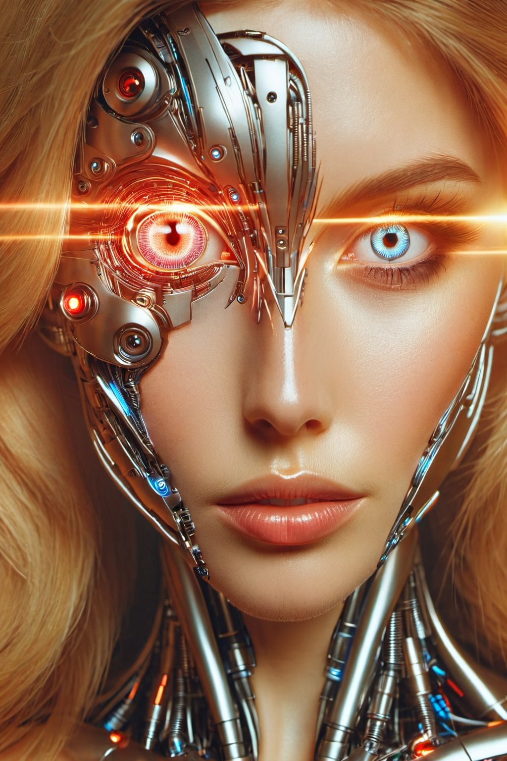 gmlm, 1girl, solo, lips, glowing, close-up, portrait, looking at viewer, science fiction, long hair, realistic, blonde hair, blue eyes, glowing eye, eye focus, cyborg, lens flare, serious, nose, brown hair, closed mouth, glowing eyes, cyberpunk, green eyes, red eyes<lora:gmlmSDXL-000014:0.9>