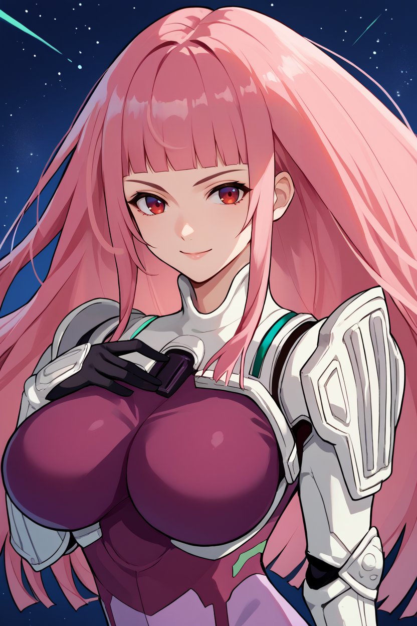 score_9, score_8_up, score_7_up, score_6_up, source_anime, 1girl, solo,   <lora:zoeken-pdxl-nvwls-v1-000008:1> zoeKen, pink hair, long hair, red eyes, blunt bangs, pink bodysuit, black gloves, shoulder pads, gauntlets, large breasts, night sky, outer space, upper body, looking at you, smile