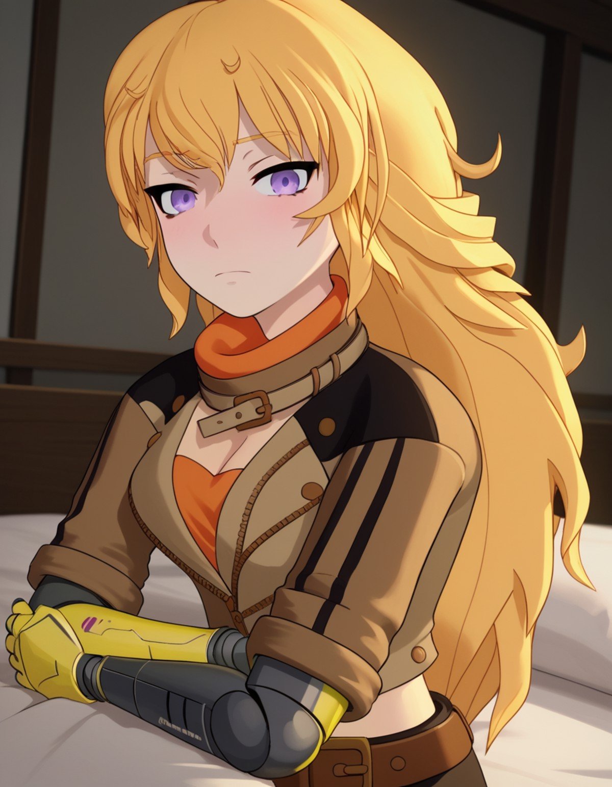 score_9, score_8_up, score_7_up, source_anime, <lora:yang-xiao-long-ponyxl-lora-nochekaiser:1>, yang xiao long, long hair, blonde hair, purple eyes, ahoge, bangs,, cleavage, jacket, belt, mechanical arms, single mechanical arm, prosthesis, prosthetic arm,, indoors, bed, bed room, on side, blush, drunk, looking at viewer, solo, cowboy shot, dutch angle