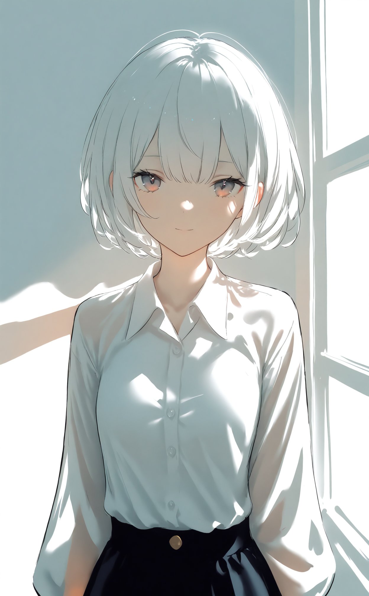 1girl,white hair,short hair,blouse,white_shirt,collared_shirt,