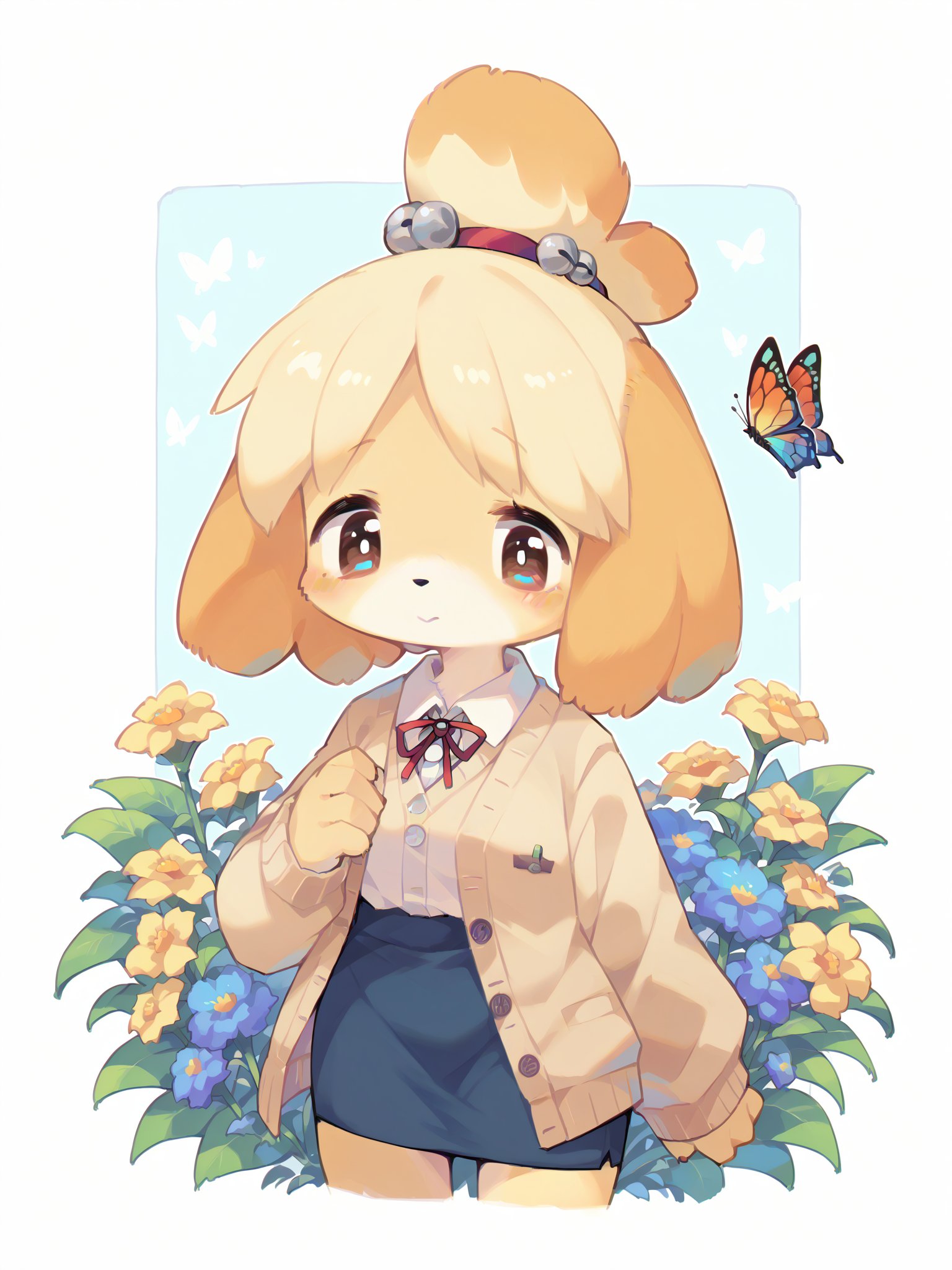 score_9, score_8_up, score_7_up, score_6_up, score_5_up, score_4_up, source_anime, source_furry, rating_safe, embedding:zPDXL2, 1girl, solo, furry, kemono, isabelle, cardigan, pencil skirt, bluesky, flowers, butterfly, collared shirt, (white frame, white border:1.3)