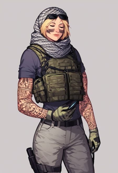 score_9, score_8_up, score_7_up,derpibooru_p_95, source_anime, very aesthetic, anime screencap, anime coloring, valkyrie, valkyrie \(rainbow six\), 1girl, solo, short hair, blonde hair, shirt, gloves, holding, closed eyes, short sleeves, cowboy shot, belt, pants, signature, scarf, dated, tattoo, sunglasses, eyewear on head, facepaint, grey pants, facial tattoo