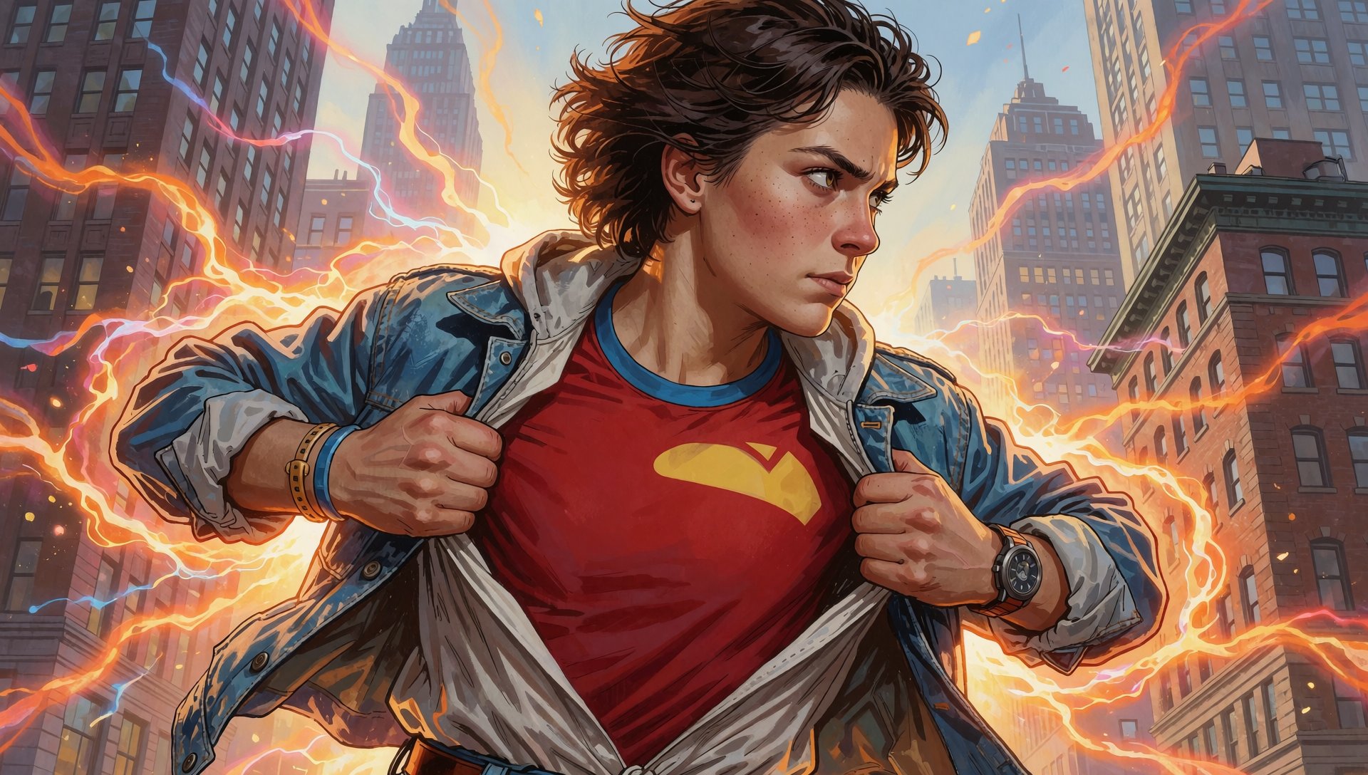 Ordinary person in casual attire revealing hidden superpower,  city backdrop,  dynamic pose by Aderek514 on Tensor.Art