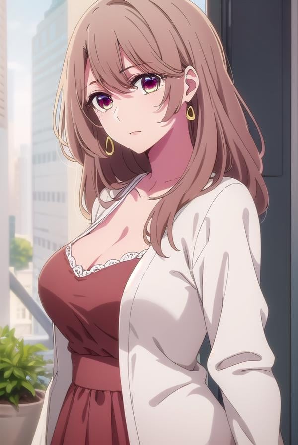 miyakosaitou, <lora:miyako saitou s1-lora-nochekaiser:1>,miyako saitou, long hair, brown hair, (brown eyes:1.3),BREAK dress, cleavage, jewelry, cardigan, earrings, red dress, hoop earrings, white cardigan, long sleeves,BREAK indoors,BREAK looking at viewer, (cowboy shot:1.5),BREAK <lyco:GoodHands-beta2:1>, (masterpiece:1.2), best quality, high resolution, unity 8k wallpaper, (illustration:0.8), (beautiful detailed eyes:1.6), extremely detailed face, perfect lighting, extremely detailed CG, (perfect hands, perfect anatomy),