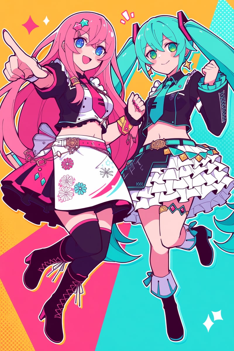 @hrlrst,  Two female characters are depicted in a colorful,  dynamic composition. The character on the left has long pink...