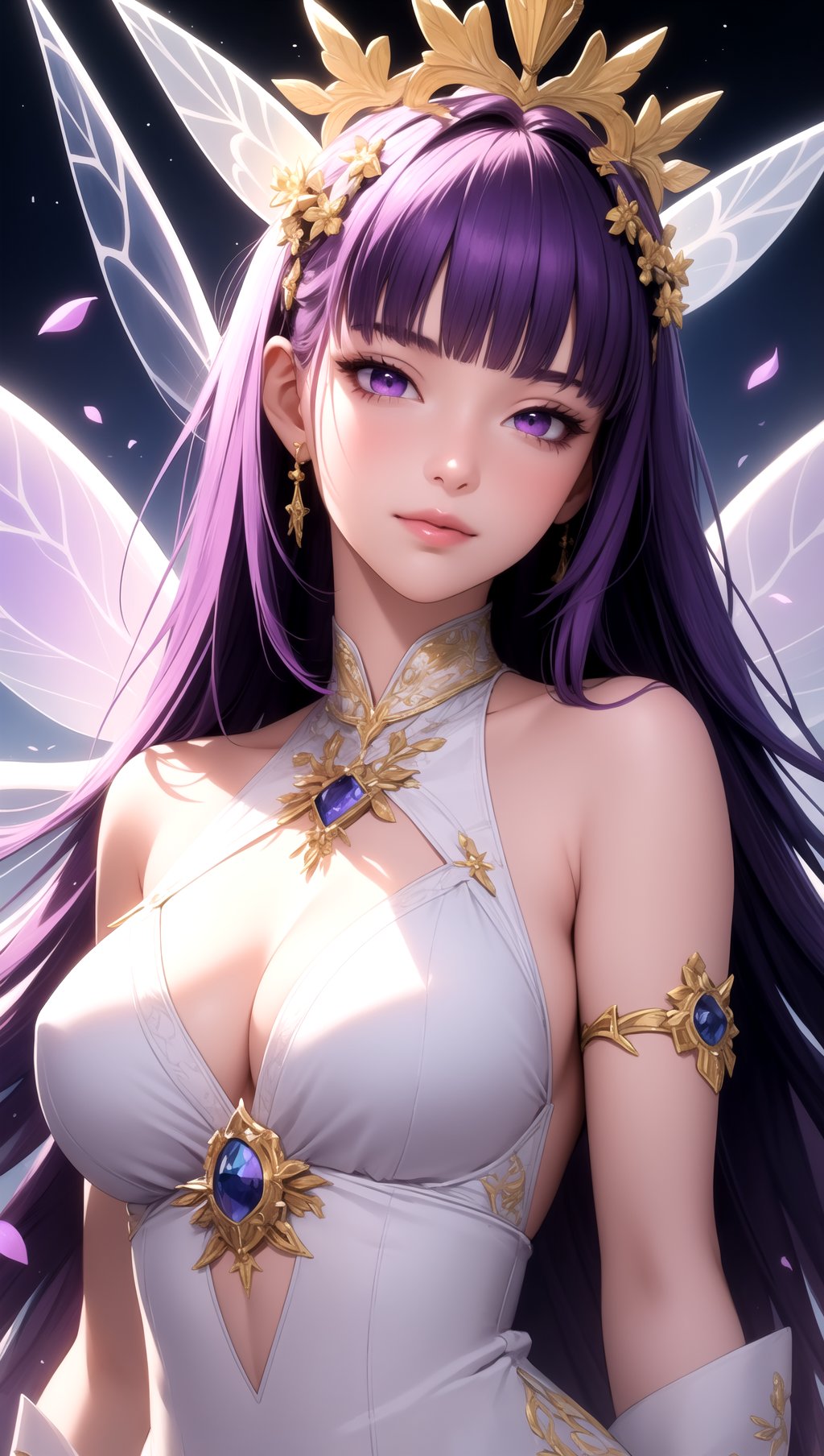 (masterpiece, best quality), intricate details, beautiful girl, purple hair, blunt bangs, light purple eyes, sharp jawline, Fairy queen crowns with cascading flowers, long hair, lips, upper body, smirk