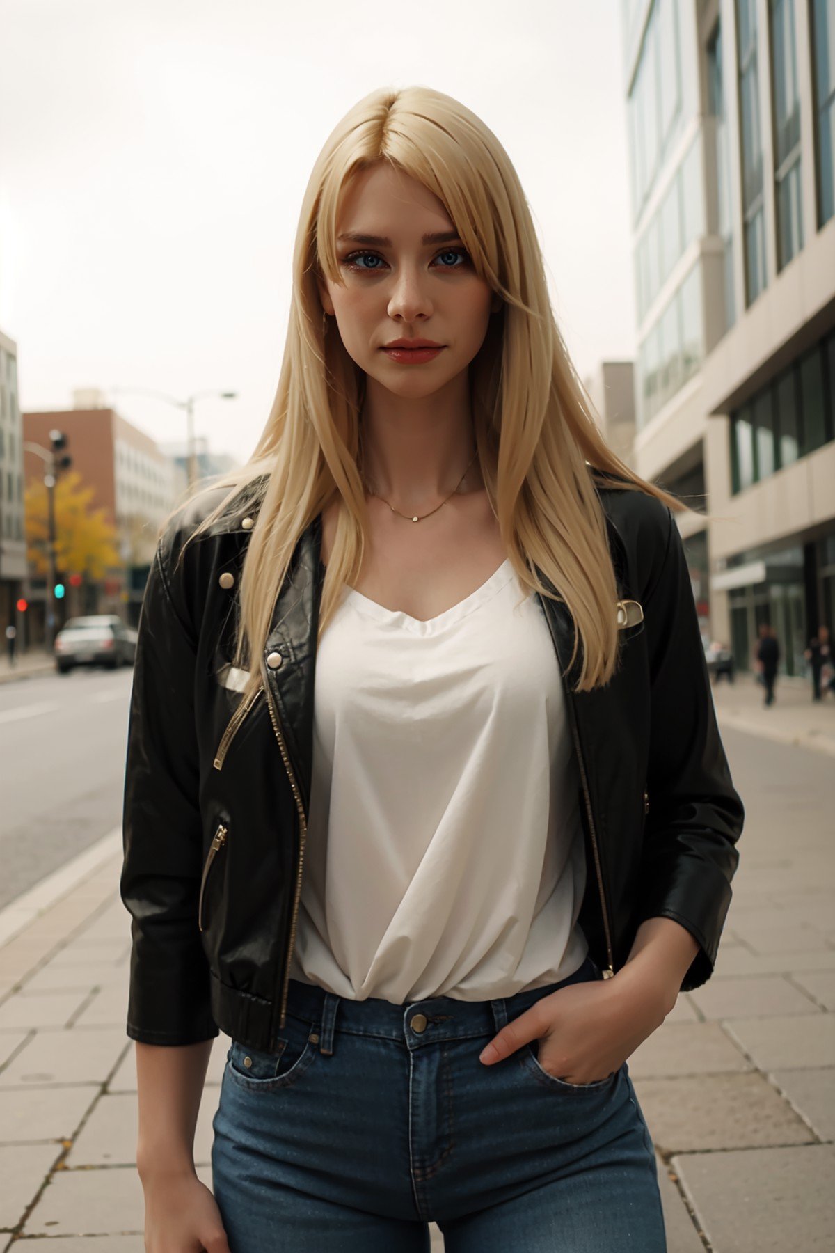mndngwmn,  blond hair,  wearing a leather jacket by user_636418852510611872 on Tensor.Art