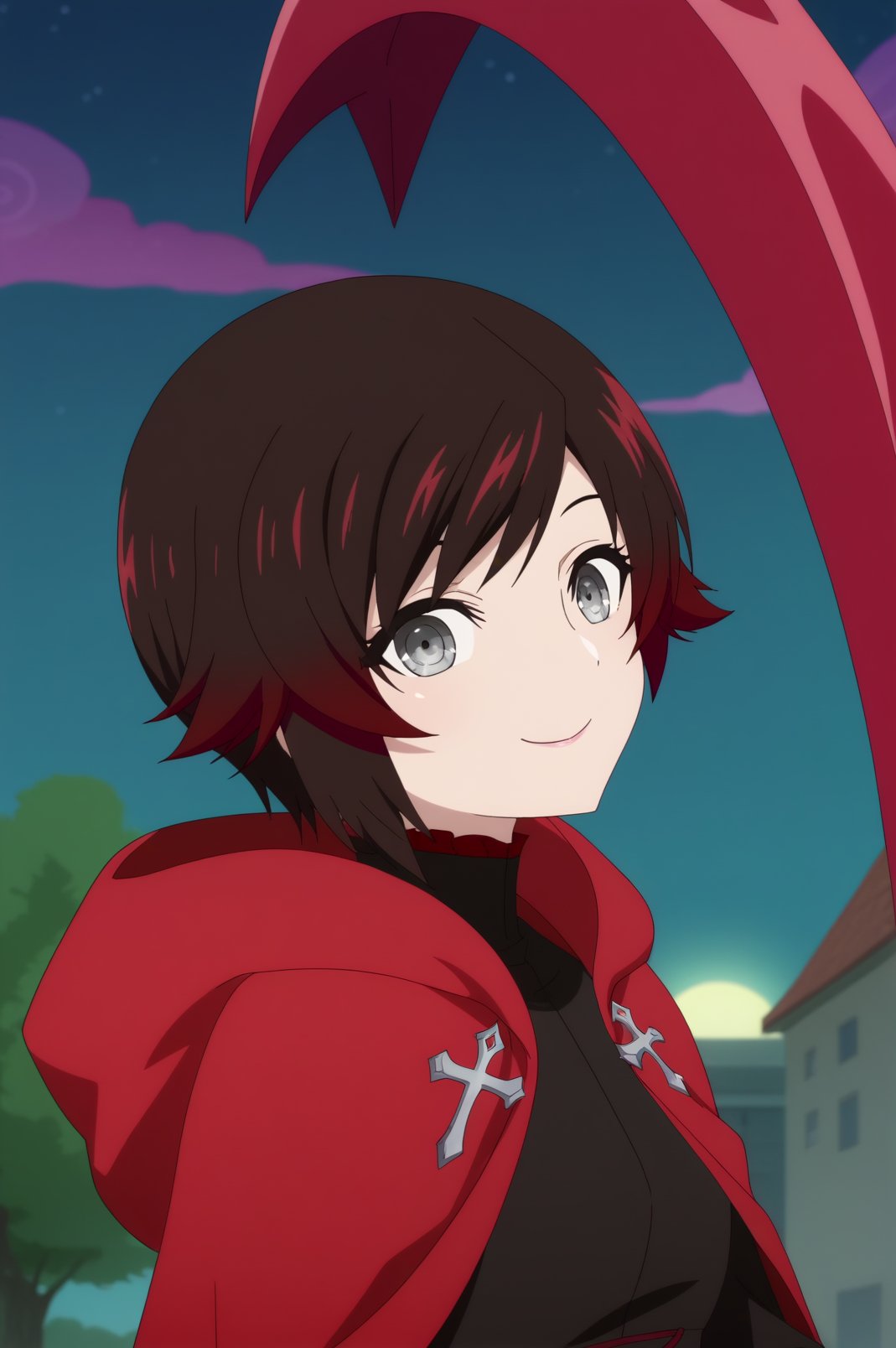 ruby rose,anime screencap,1girl,solo,mature,short hair,red hair,multicolored hair,looking at viewer,crescent rose,cloak,holding scythe,cross,hooded cloak,smile,standing,close up,outdoors,night,night time,building <lora:Ruby Rose - RWBY.safetensors:0.8>