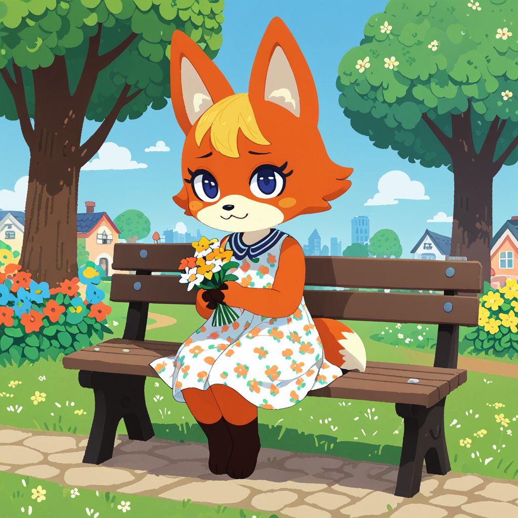 (by Wonderslug, by Youjomodoki), solo toony chibi (audie \(animal crossing\):1.25), fox, orange body, dress, sitting on bench, portrait, holding flower, day, animal crossing city, park, plant