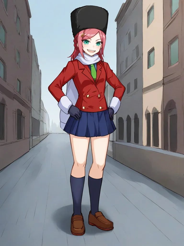 <lora:olgamechacabbagepony:1>1girl, solo, olgamugen, pink hair, hairclip, braid, medium hair, black hat, fur hat, ushanka, green eyes, ushanka, white scarf, red blazer, long sleeves, green necktie, arm warmers, black gloves, blue skirt, single red thighhigh, blue kneehighs, brown shoes, outdoors, city, winter, cowboy shot, sharp teeth, smile, hands on hips, full body,