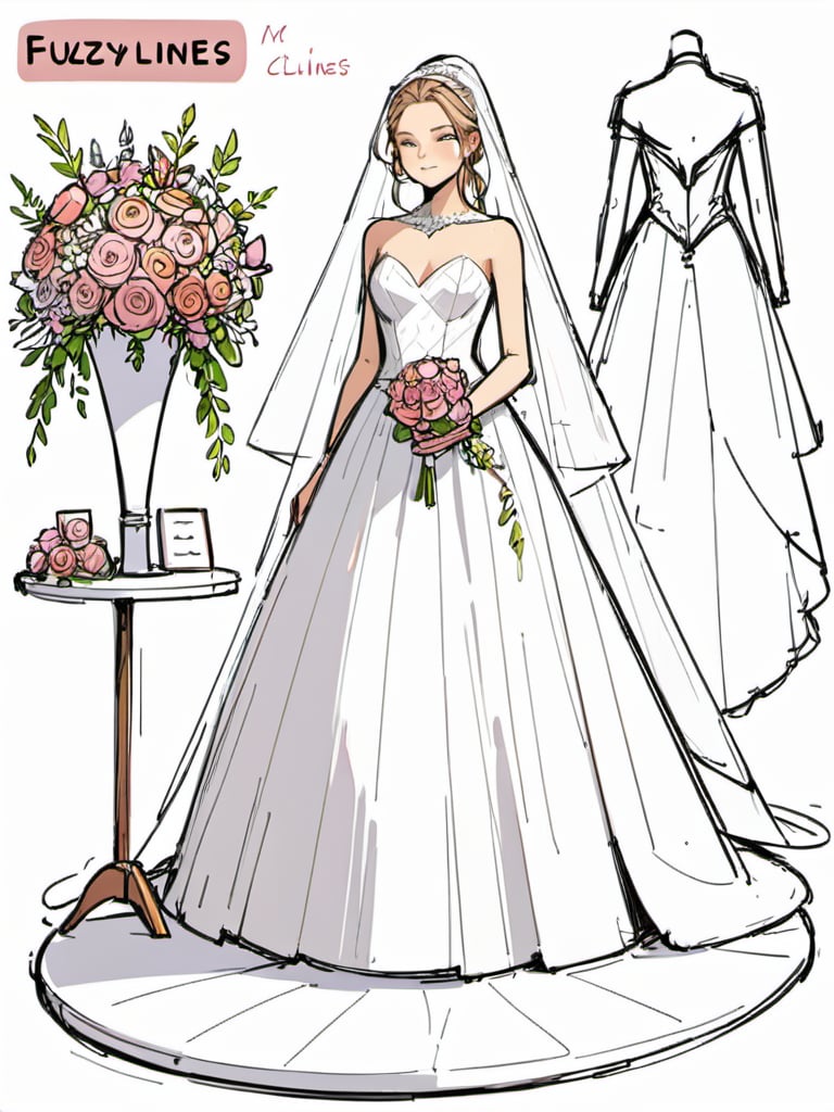 <lora:luXL毛躁手绘Fuzzylines_lora_resized:0.6>, fuzzylines, sketch, fashion design chart of an elegant wedding dress, veil, flowers, jewellery, model stand,