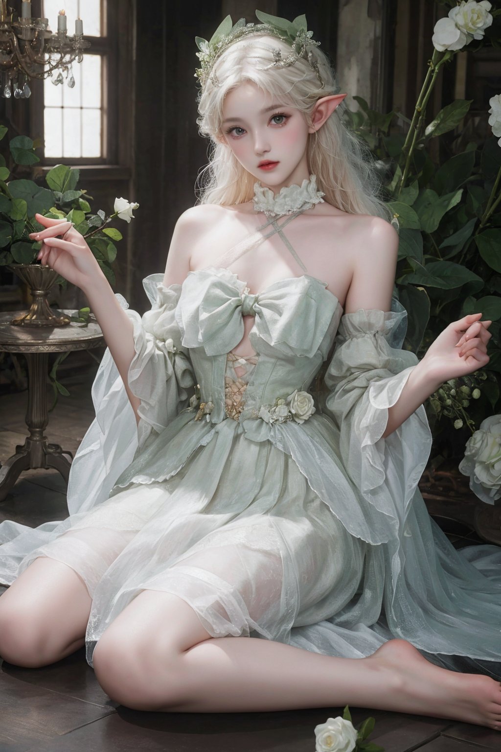 Bare shoulders,Split sleeves,Hair accessories,Halterneck,elf,Strapless dress,White dress,White roses,Wide sleeves,barefoot,solo,<lora:future006-精灵裙:0.8>,wariza,, best quality,masterpiece,highres,official art,extremely detailed cg unity 8k wallpaper,