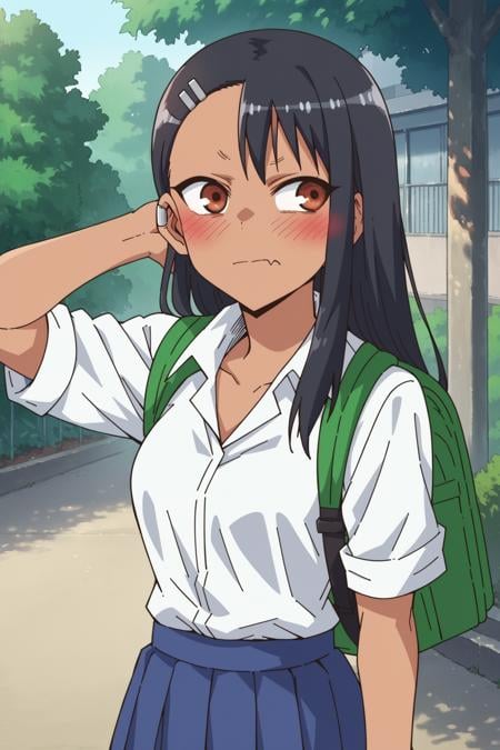 score_9, score_8_up, score_7_up, source_anime, <lora:nagatoro-multi-outfit_epoch_8:1> nagatoro hayase, outfit-white-shirt, dress shirt, blush, solo, dark skin, white shirt, brown eyes, tree, short skirt, pleated skirt, shirt, dark-skinned female, black hair, hairclip, collared shirt, evening, bag, school uniform, 1girl, closed mouth, outdoors, backpack, skin fang, fang, hair ornament, long hair, blue skirt, arm behind head, embarrassed, looking to the side, 