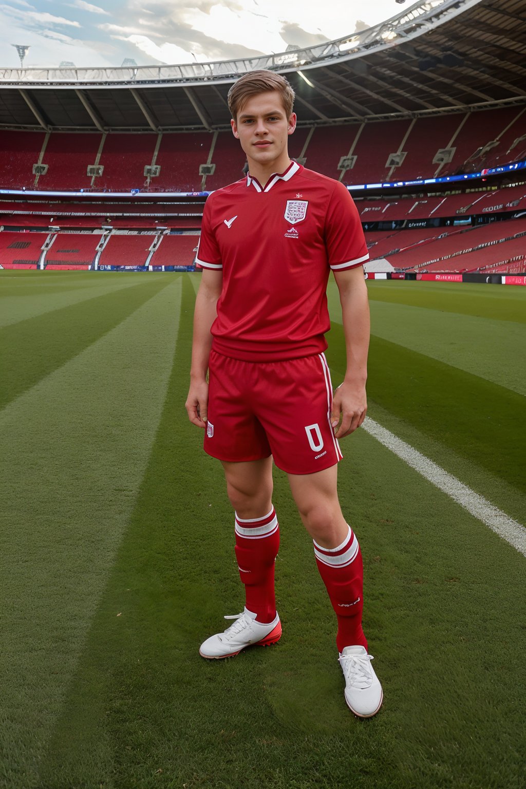 Wembley Stadium,  grass field,  JackWindsor wearing the English national soccer team uniform by txhorn75 on Tensor.Art