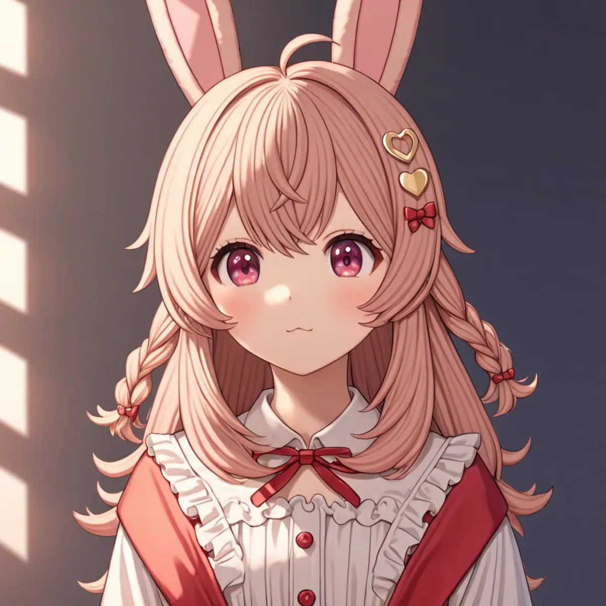 pippa, :3 rabbit ears, bangs, closed mouth, rabbit girl, sleeves past wrists, solo, twin braids, virtual youtuber, ahoge, pink eyes, pipi hairclip, heart hairclip, bow hairclip, bunny hairclip, red bow hairclip, tiny heart hairclip,((white blouse, frills,bedroom,book))(((best quality, ultra-detailed, shading, sharpness, volumetric lighting, cowboy shot))) <lora:PIPPA-XL-t9-000001:0.6>