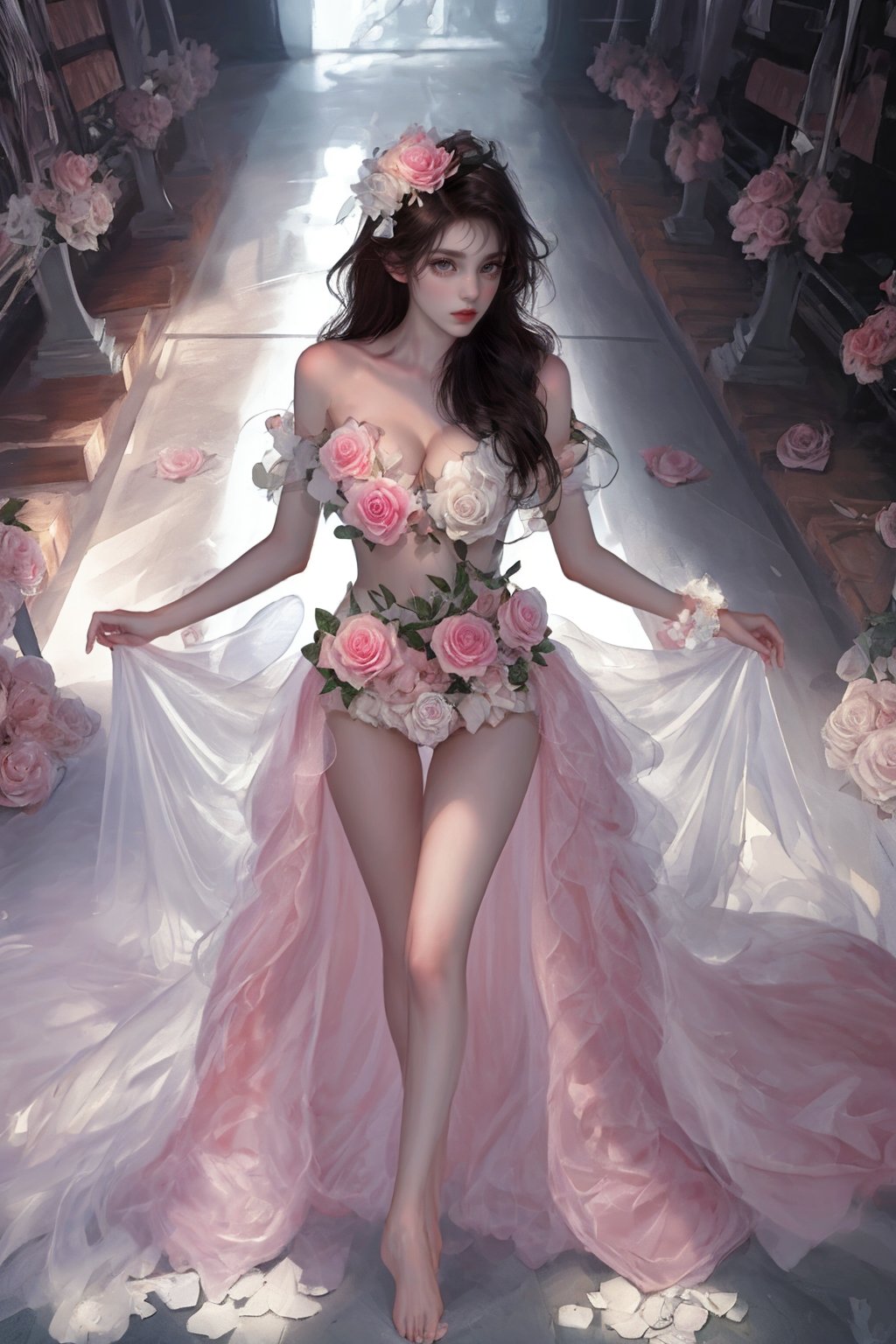 future005,Bare shoulders,see-through dress,Hair accessories,leaf,Pink flowers,White roses,barefoot,thigh gap,<lora:future005-huaduo:0.7>,Auditorium,