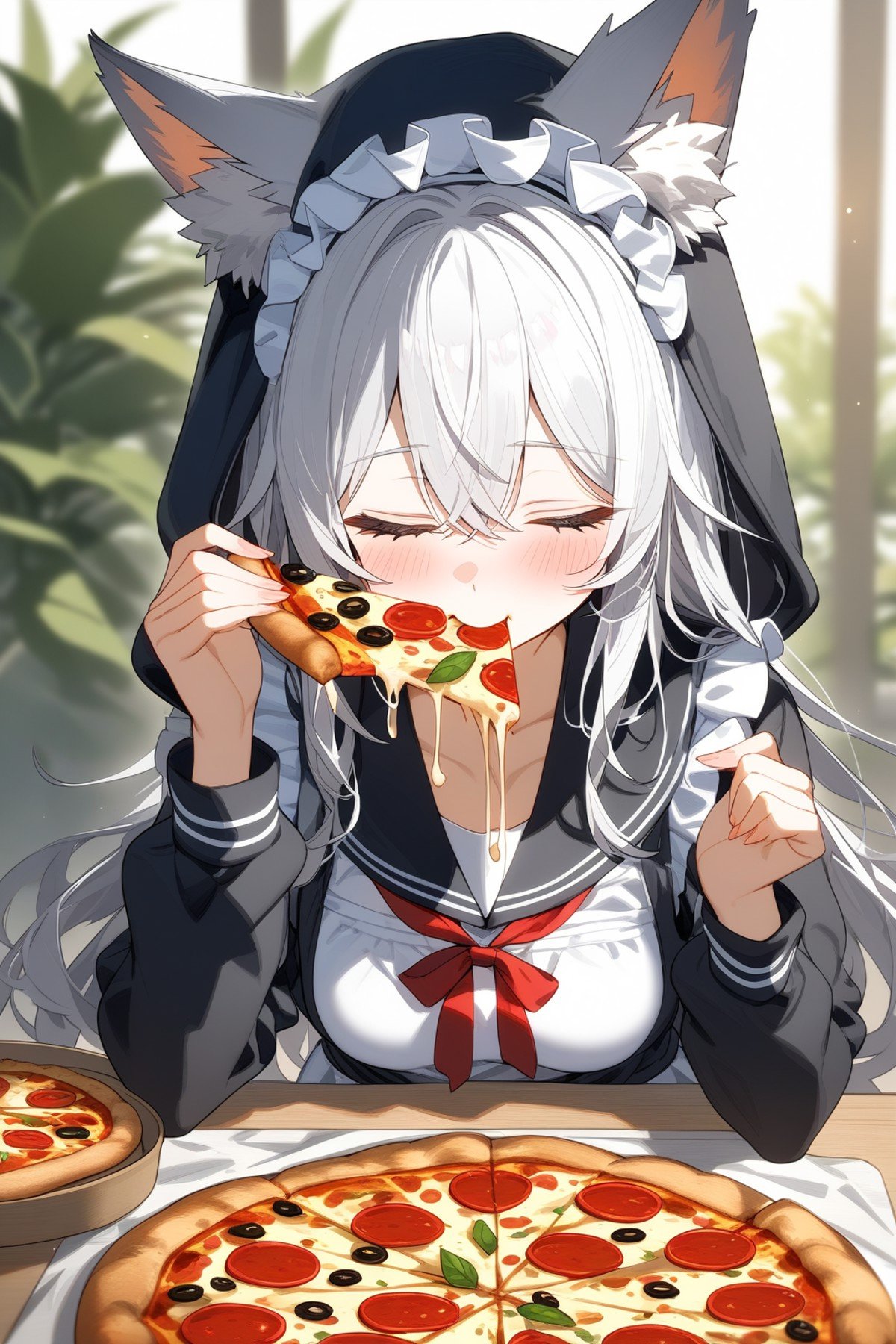 1girl,solo,pizza,holding,food,animal ears,pizza slice,holding food,closed eyes,long hair,long sleeves,upper body,bangs,eating,facing viewer,blush,maid,school uniform,white hair,hands up,holding pizza,hood,fox ears,white background,hair between eyes,highly detailed,best quality,absurdres,detailed,HDR,natural light,