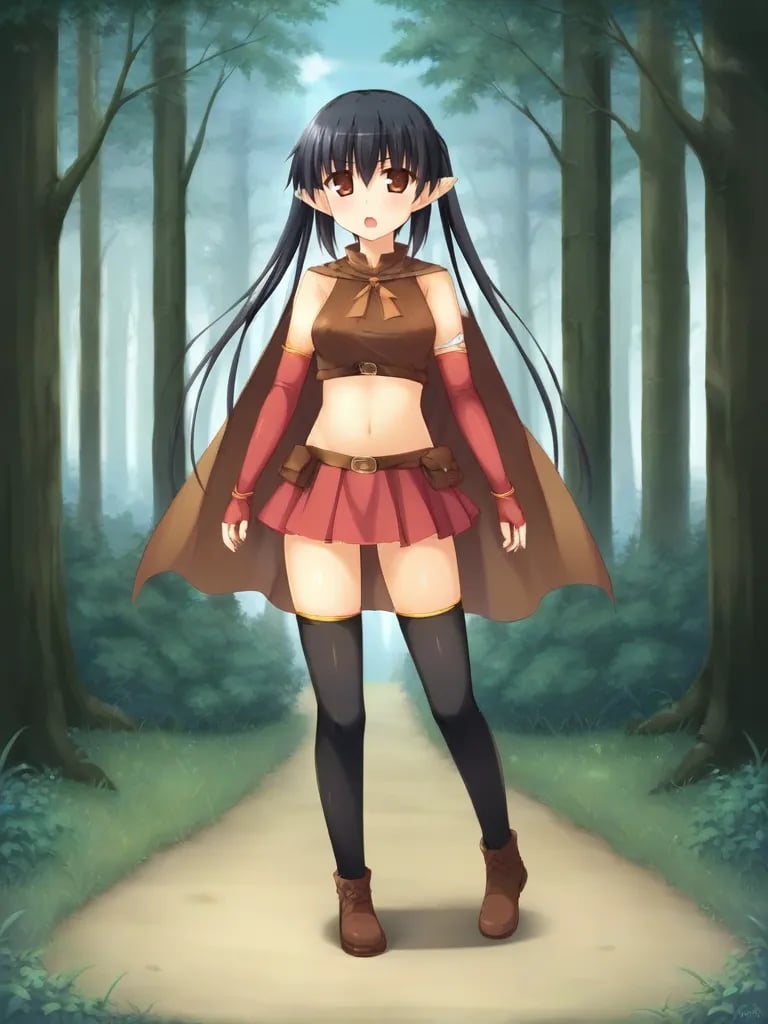 <lora:lucheforforestpony:0.8>1girl, solo, luceeoff black hair, twintails, brown eyes, pointy ears, brown croptop, sleeveless, navel, cape, elbow gloves, fingerless gloves, skirt, miniskirt, thighhighs, brown shoes, standing, outdoors, forest, full body, looking at viewer, open mouth, serious