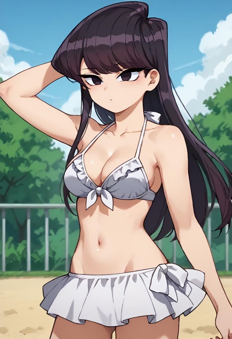 score_9, score_8_up, score_7_up, score_6_up, score_5_up, score_4_up,  <lora:Komisanpony-10:1>Komisansw, komi shouko, 1girl, long hair, black hair,  black eyes, swimsuit, white bikini, frilled bikini, bikini skirt, navel, cleavage, medium breasts, outdoors,  Balancing in a warrior yoga pose, 