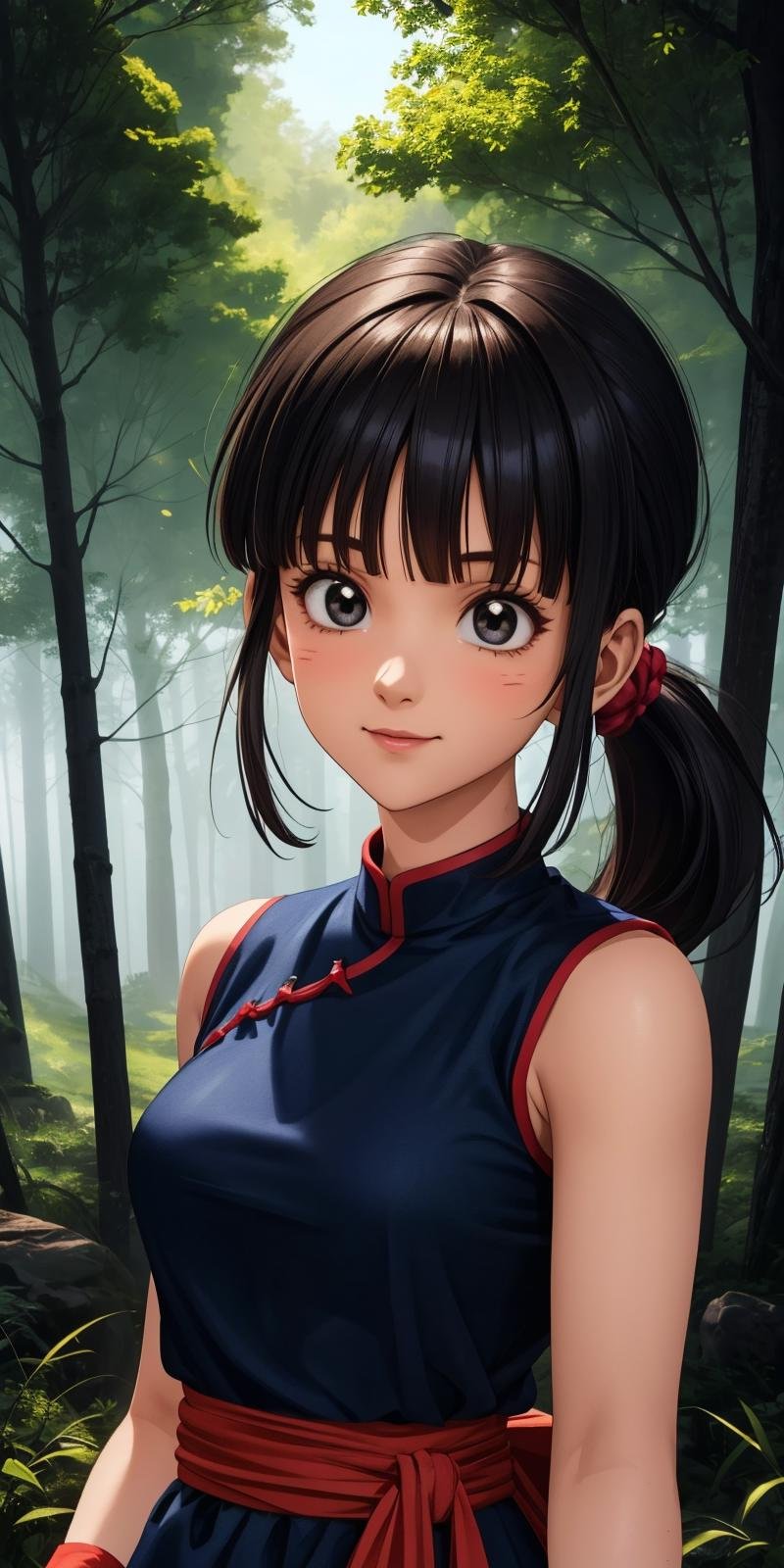 chichi, 1girl, solo, black eyes, black hair, blunt bangs, ponytail, sidelocks,china dress, blue dress, sleeveless, red sash, wristband, bare shoulders, smile,closed mouth,cowboy shot,forest,outdoor,(insanely detailed, beautiful detailed face, masterpiece, best quality) cinematic lighting,<lora:DB_ChiChi_v2:1>, <lora:more_details:0.3>,