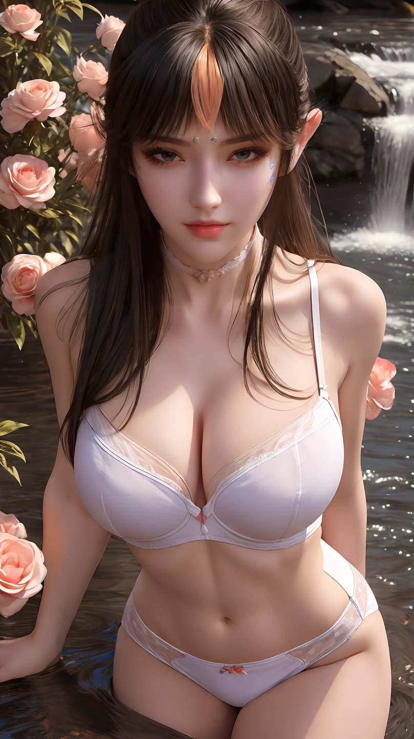 fqr,1girl,solo,black hair,long hair,looking at viewer,breasts,closed mouth,forehead jewel,shoulder cutout,facial mark,realistic,flower field,sky,river,mizu,large breasts,,,waterfall,peach_blossom,high saturation,high_contrast,full_body,standing,white bra,white underwear,colorful hair,pointed ear,<lora:QYpifuV1:1>,<lora:玫瑰花场景-王导:0.6>